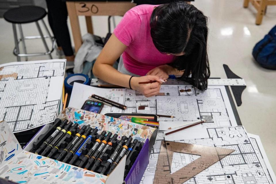 Senior Jennifer Tran, 18, works on a blueprint during a architecture class at Eaton High on Thursday, March 2, 2023. Since 2010, Northwest ISD has added 15,000 students to its population and is one of the fastest-growing school district in Texas.