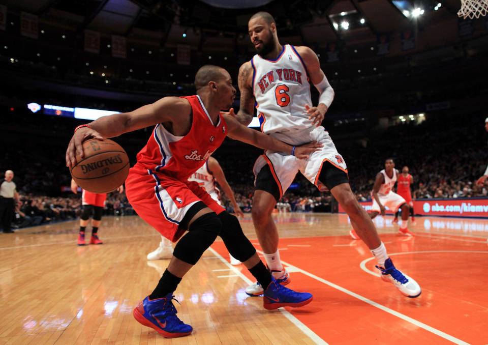 NEW YORK, NY - APRIL 25: Randy Foye #4 of the Los Angeles Clippers handles the ball against Tyson Chandler #6 of the New York Knicks at Madison Square Garden on April 25, 2012 in New York City.