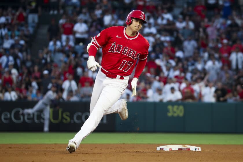 Anaheim, CA - July 18: Angeles designated hitter Shohei Ohtani during a game with the Yankees at Angel Stadium in Anaheim Tuesday, July 18, 2023. (Allen J. Schaben / Los Angeles Times)