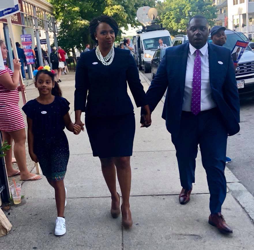 Rep. Ayanna Pressley with step-daughter Cora and husband Conan Harris (Pressley campaign photo)