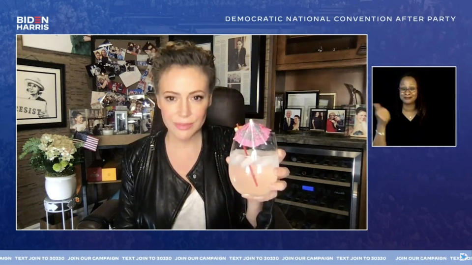 MILWAUKEE, WISCONSIN - AUGUST 20:  In this screenshot from the DNCC’s livestream of the 2020 Democratic National Convention After Party, Alyssa Milano speaks to the virtual convention August 20, 2020. The 2020 Democratic National Convention, which was once expected to draw 50,000 people to Milwaukee, Wisconsin is now taking place virtually due to the coronavirus pandemic.  (Photo by DNCC via Getty Images)