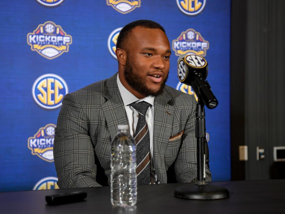 LSU Tigers defensive line Mekhi Wingo speaks with the media during SEC media days at the Grand Hyatt, July 17, 2023 in Nashville.