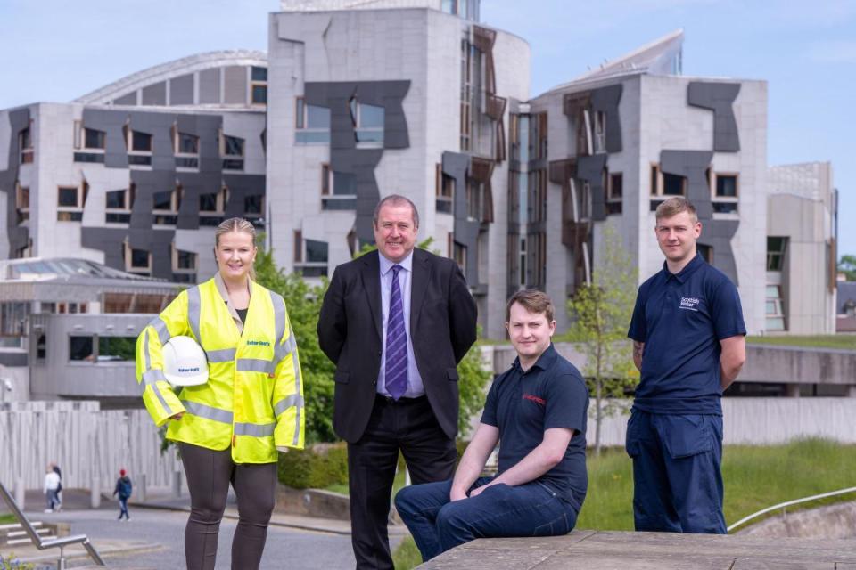 Minister for Higher and Further Education, Graeme Dey MSP with Modern Apprentices Kirsten Officer from Balfour Beatty, Sam Ramsay from Leonardo and Scott Hunter from Scottish Water &lt;i&gt;(Image: SDS)&lt;/i&gt;