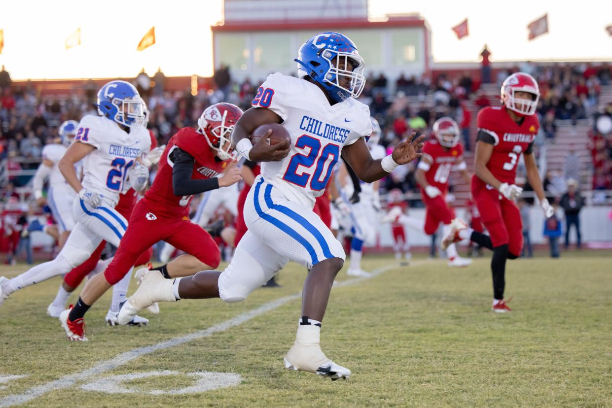 Childress’ Dareon Mathis (20) making a run toward the endzone on the opening kickoff during a District 3-3A Division II game Friday Oct. 15, 2021 at Chieftan Stadium in Friona.