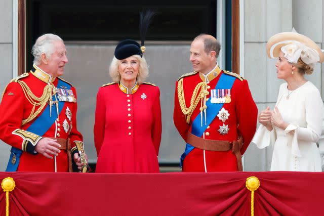 <p>Max Mumby/Indigo/Getty</p> King Charles, Queen Camila, Prince Edward and Sophie, Duchess of Edinburgh at Trooping the Colour in June 2023.