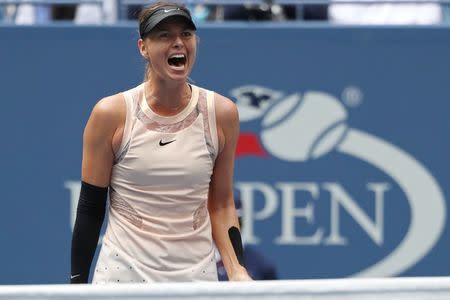 Sep 3, 2017; New York, NY, USA; Maria Sharapova of Russia reacts after winning a point against Anastasija Sevastova of Latvia (not pictured) on day seven of the U.S. Open tennis tournament at USTA Billie Jean King National Tennis Center. Mandatory Credit: Geoff Burke-USA TODAY Sports