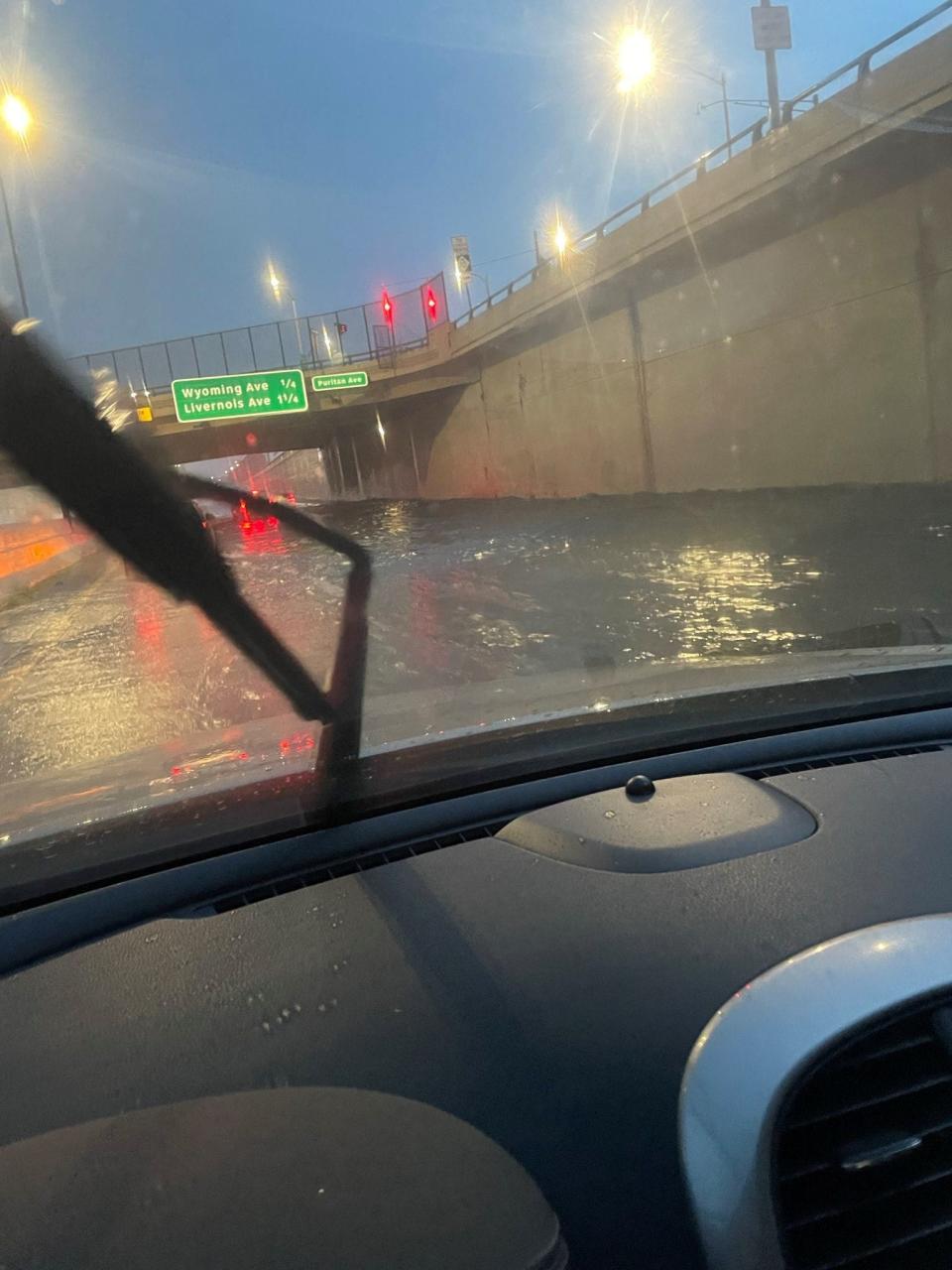 Flooding is shown on the John C. Lodge Freeway, M-10, at Puritan Avenue in Detroit on the evening of July 23, 2024.