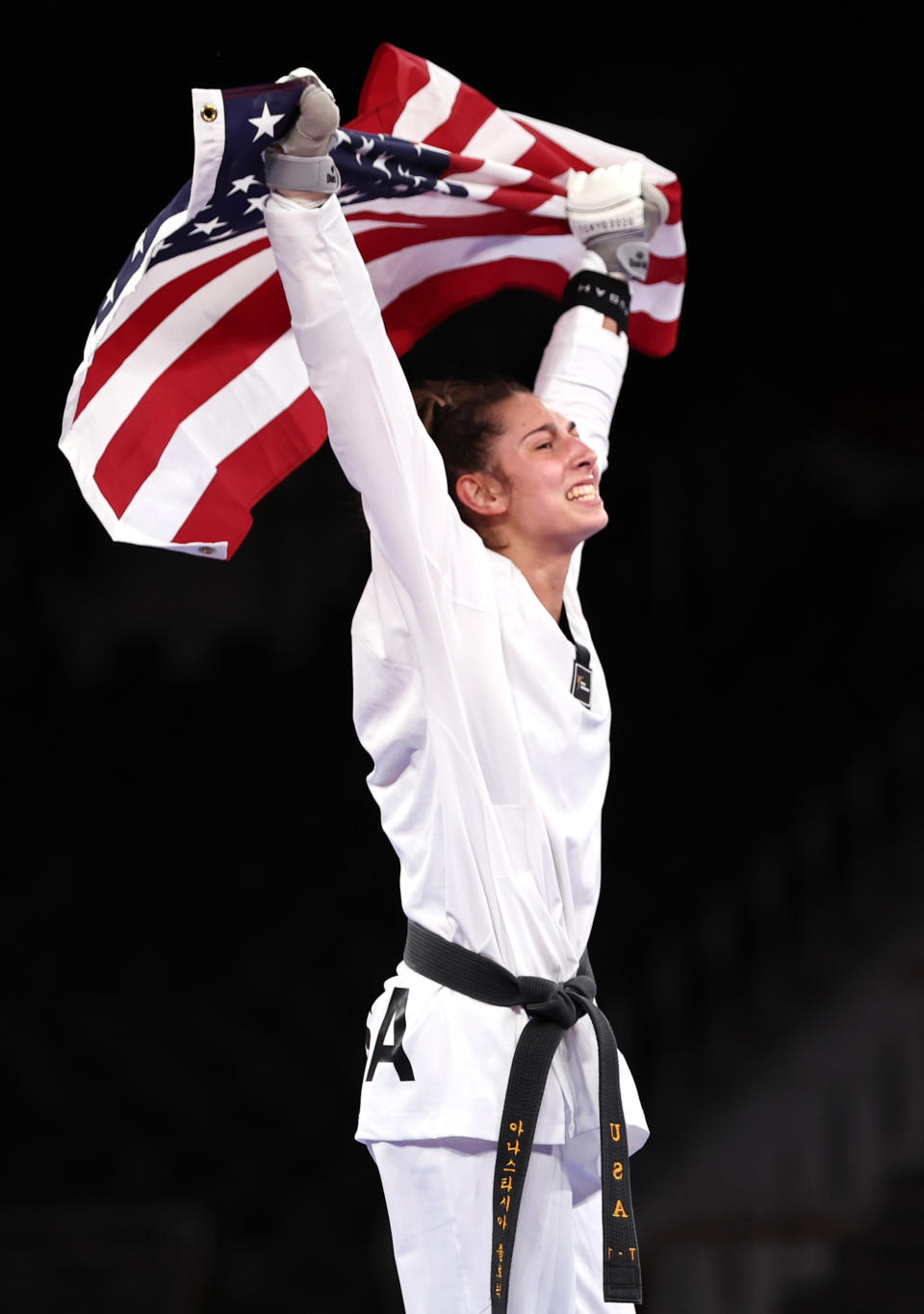 <p>CHIBA, JAPAN - JULY 25: Anastasija Zolotic of Team United States celebrates after defeating Tatiana Minina of Team ROC during the Women's -57kg Taekwondo Gold Medal contest on day two of the Tokyo 2020 Olympic Games at Makuhari Messe Hall on July 25, 2021 in Chiba, Japan. (Photo by Maja Hitij/Getty Images)</p> 