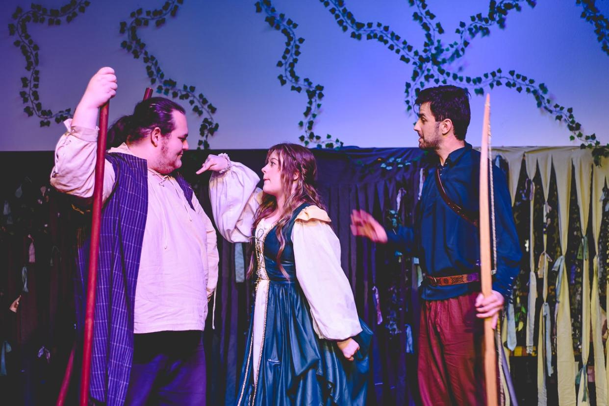 Kaine Peterson, Abby Crutchfield and Nick Palatas perform in "Ken Ludwig's Sherwood: The Adventures of Robin Hood," at the Backdoor Theatre.