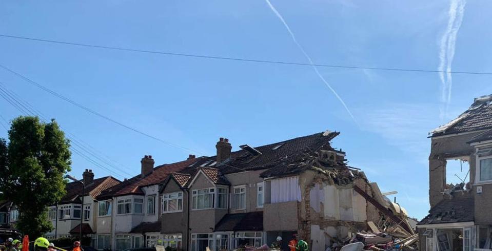 The scene in Galpin’s Road in Thornton Heath, south London, where three people were rescued after a house collapsed (London Fire Brigade /PA) (PA Media)