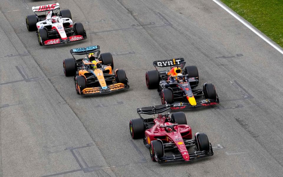 Drivers steer their cars during a sprint race at the Enzo and Dino Ferrari racetrack, in Imola, Italy, Saturday, April 23, 2022. The Italy's Emilia Romagna Formula One Grand Prix will be held on Sunday - AP