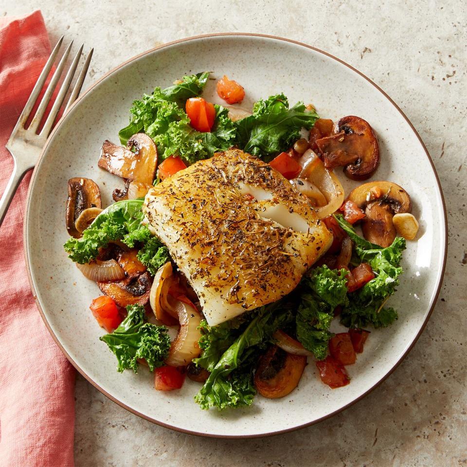 Herby Mediterranean Fish with Wilted Greens &amp; Mushrooms