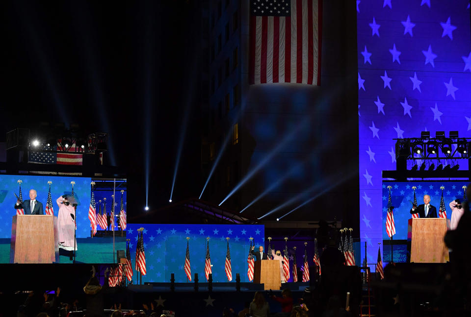 "It's not my place or Donald Trump's place to declare who's won this election. That's the decision of the American people." — Joe Biden, at the Chase Center in Wilmington, Del., just after midnight on Nov. 4.<span class="copyright">Angela Weiss—AFP/Getty Images</span>