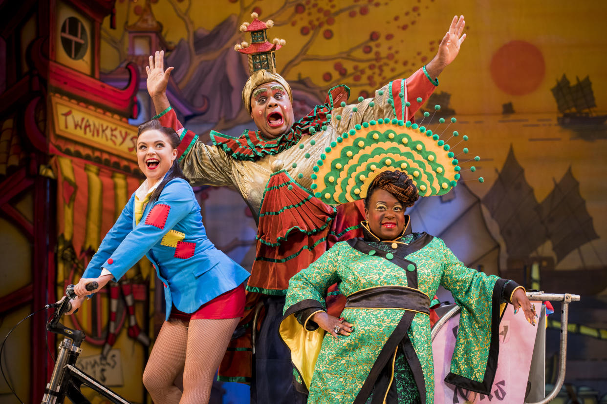 Gemma Sutton as Aladdin, Clive Rowe as Widow Twankey and Tameka Empson as The Empress pose during a photocall for Hackney Empire's 20th Anniversary pantomime "Aladdin" at Hackney Empire on November 27, 2018 in London, England. (Photo by Tristan Fewings/Getty Images)