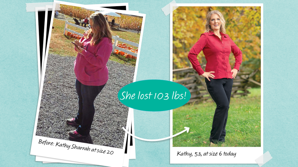 Before and after photos of Kathy Sharrah who lost 103 lbs on 80/20 diet plan