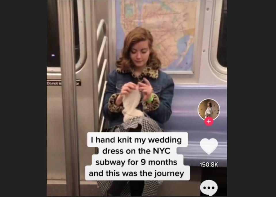 Bridal dress designer Esther Andrews made her own wedding dress while travelling to work on the New York City subway. — Screen capture from TikTok/ @estherandrewsbridal