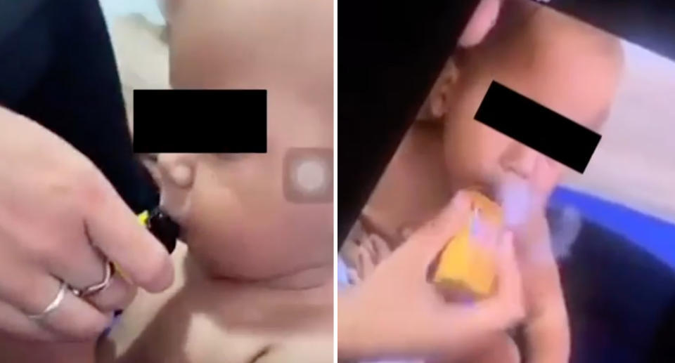 Two stills from of a distressing video of a baby being forced to smoke a vape in Kempsey, NSW.