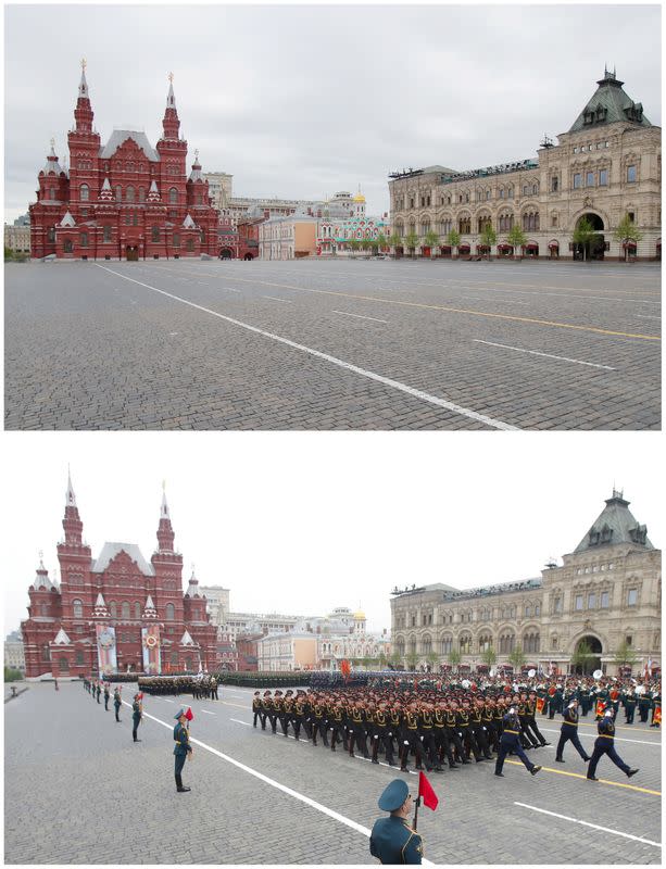 A combination picture shows Red Square on Victory Day in 2020 and 2019