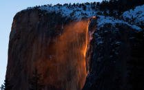 <p> What appeared to be&#xA0;a sizzling fire poured over Yosemite&apos;s iconic El Capitan rockface&#xA0;this year. But it wasn&apos;t hot nor was it a flame. Rather, this so-called firefall happens when the winter light hits the melting snow just as the sun is setting. The fiery display occurs at the same time every year. </p>