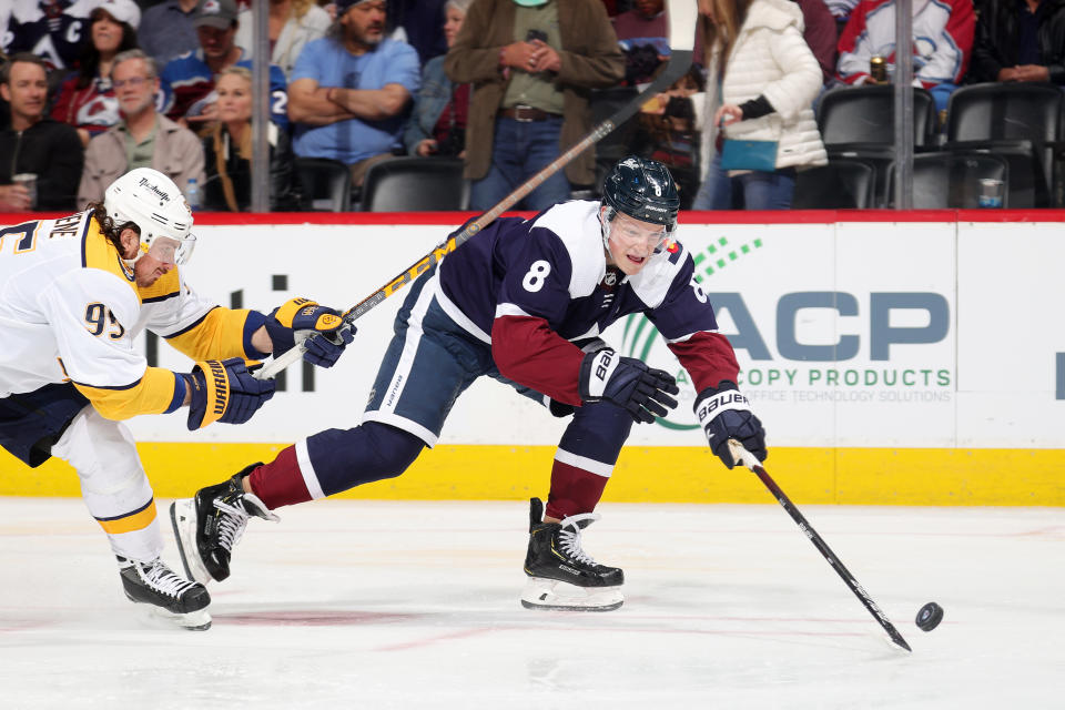 DENVER, COLORADO - APRIL 28: Cale Makar #8 of the Colorado Avalanche skates against Matt Duchene #95 of the Nashville Predators at Ball Arena on April 28, 2022 in Denver, Colorado. (Photo by Michael Martin/NHLI via Getty Images)