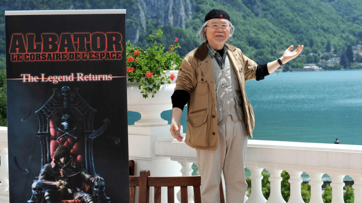 Leiji Matsumoto, Japanese author of Space Pirate Captain Harlock (aka Albator), gestures as he presents his new film 