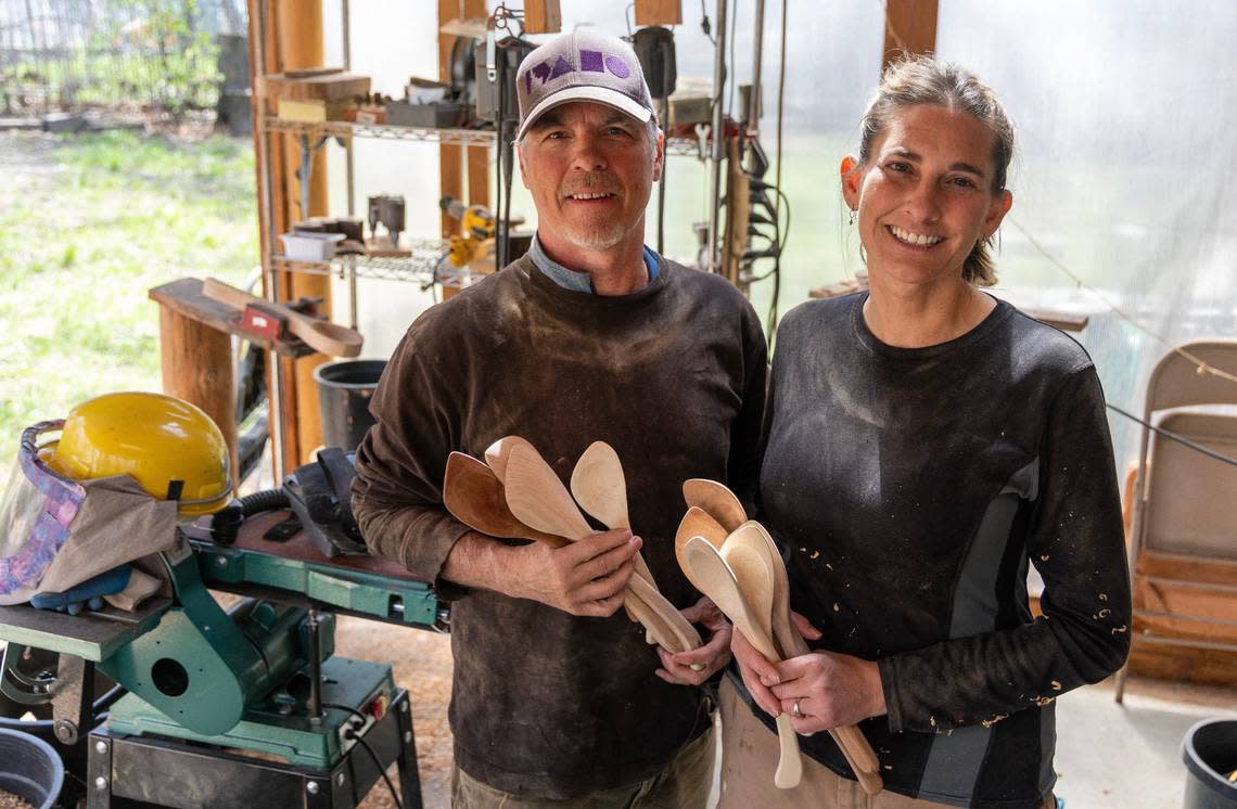 Mike and Meaghan Goulder of Boise make wooden spoons and other utensils at their home workshop to sell at the Capital City Public Market.