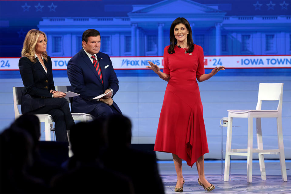 Republican presidential candidate former U.N. Ambassador Nikki Haley R participates in a Fox News Town Hall with moderators Martha MacCallum and Bret Baier on January 08, 2024 in Des Moines, Iowa. Iowa Republicans will be the first to select their party’s nominee for the 2024 presidential race when they go to caucus on January 15, 2024.