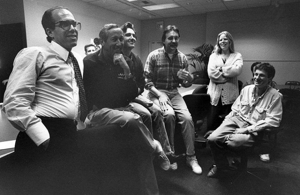 At a 1991 story meeting (from left), Disney Studios chairman Jeffrey Katzenberg was joined by Disney vice chairman Roy E. Disney, ‘Beauty and the Beast’ co-director Kirk Wise, producer Don Hahn, associate producer Sarah McArthur and Disney Animation president Peter Schneider. - Credit: Courtesy of Don Hahn