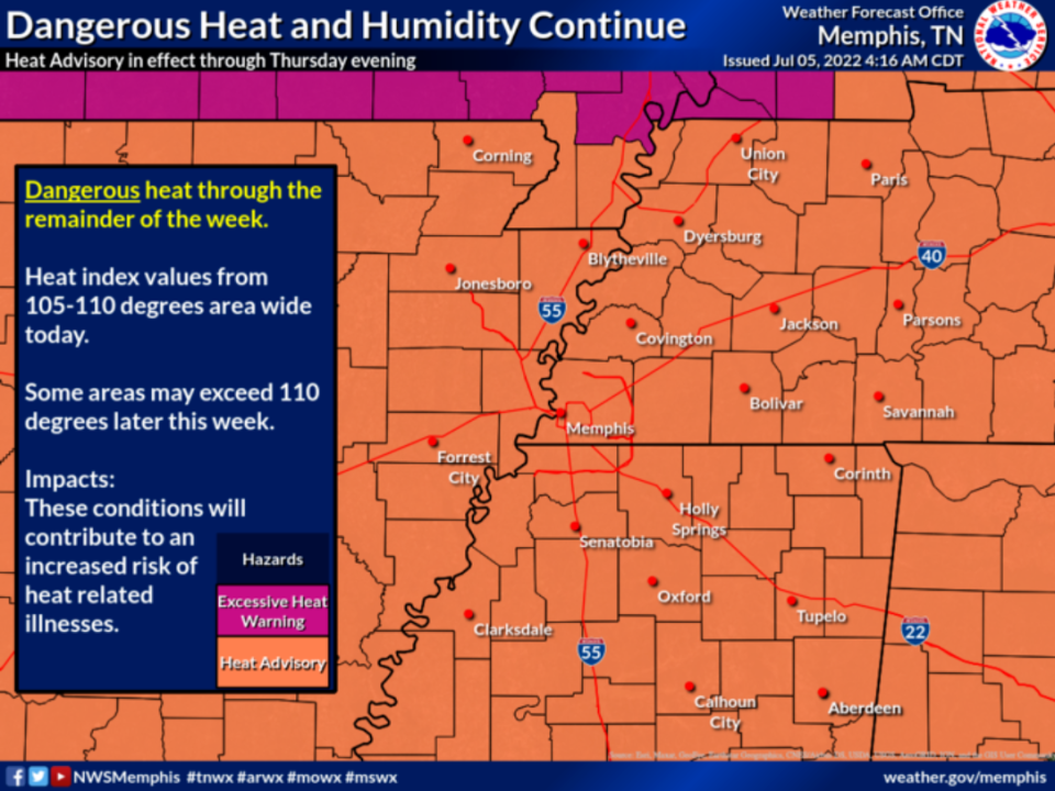 The National Weather Service in Memphis has issued a heat advisory for the area. In response, the City of Memphis will open a cooling center.