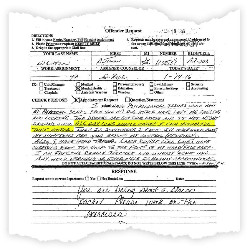A document labeled "Offender Request" includes a handwritten note saying, "The dreams are getting worse and it not night dreams only. All day long while awake I can visualize that attack."