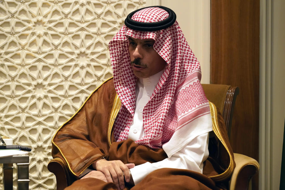 Saudi Foreign Minister Prince Faisal bin Farhan speaks during his meeting with the U.S. Secretary of State Antony Blinken at the Ministry of Foreign Affairs in Riyadh, Saudi Arabia, Saturday Oct. 14, 2023. (AP Photo/Jacquelyn Martin, Pool)