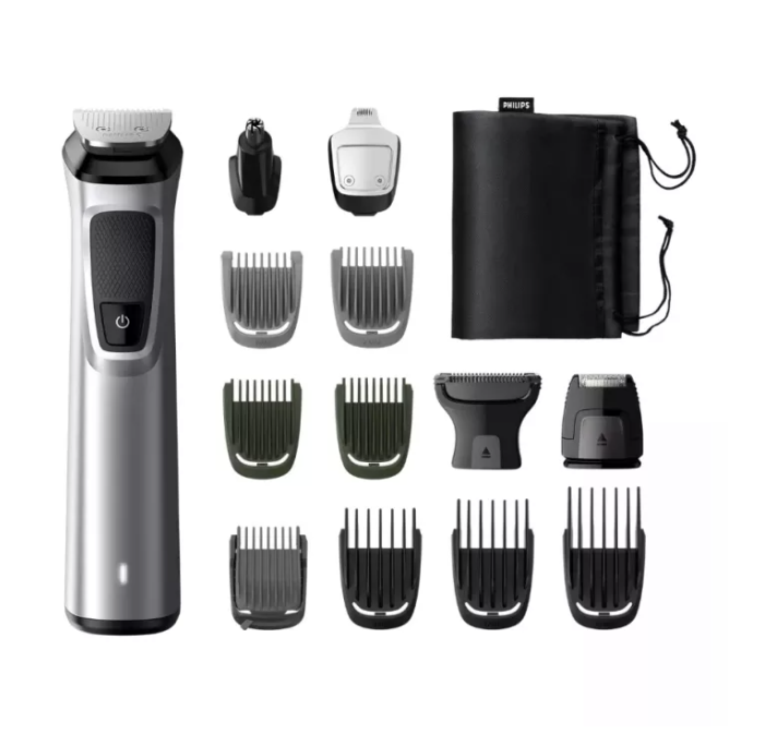 A product image of Philips MG7720/15 Multigroom series 7000 14-in-1 attachments.