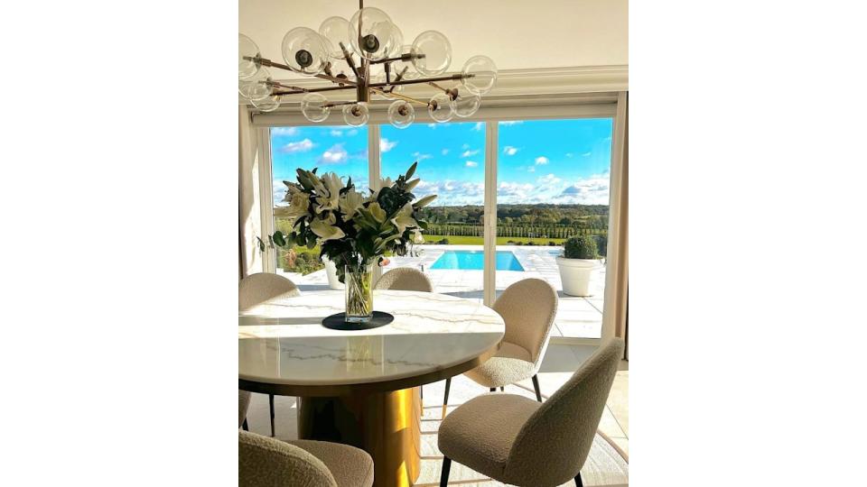 Photo of Michelle Keegan's kitchen looking out onto pool
