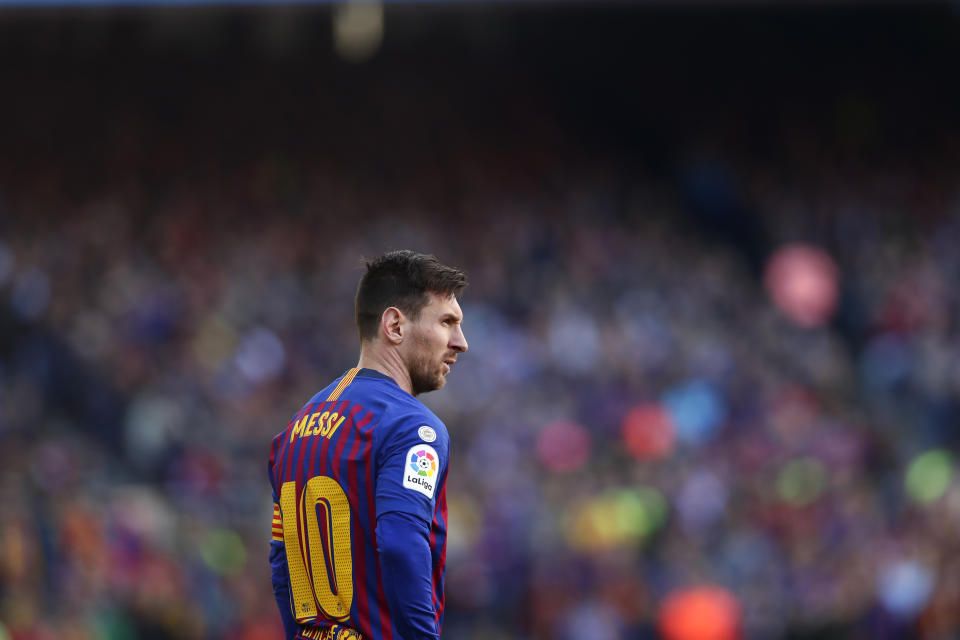 Barcelona's Lionel Messi looks on during a Spanish La Liga soccer match between FC Barcelona and Espanyol at the Camp Nou stadium in Barcelona, Spain, Saturday March 30, 2019. (AP Photo/Manu Fernandez)