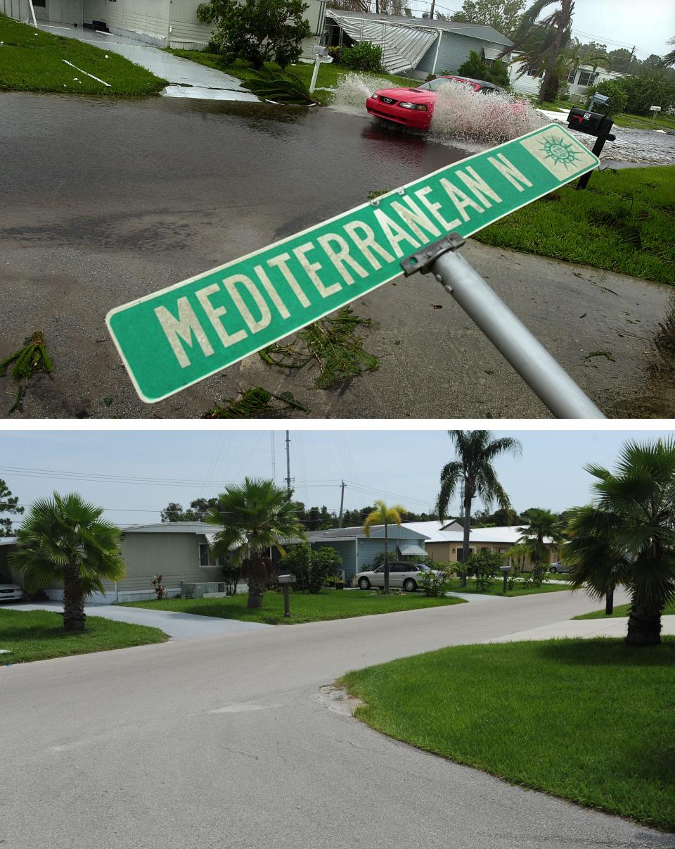 The Spanish Lakes Development in Port St. Lucie had flooded streets and wind damage along North Mediterranean Drive and throughout the development from Hurricane Frances in September 2004 (top), and the restored development as seen in June 2014. 