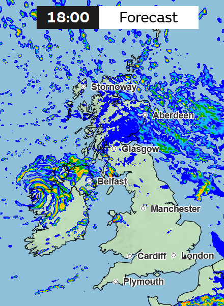 Rainfall forecast for 6pm on Sunday. (Met Office)