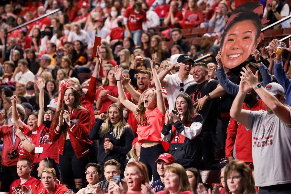 Utah fans cheer during the Pac-12 women’s gymnastics championship at the Maverik Center in West Valley City on March 19, 2022.