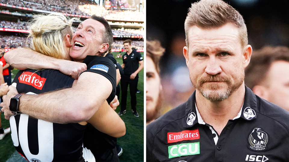 Darcy Moore and Craig McRae celebrate and Nathan Buckley reacts.