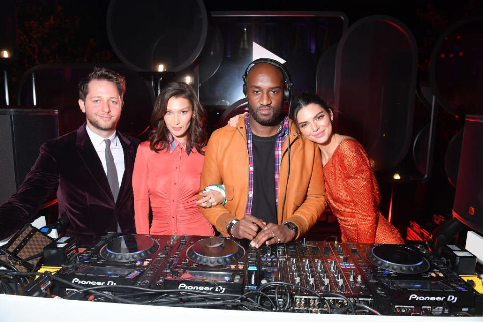 Derek Blasberg, Bella Hadid, Virgil Abloh, and Kendall Jenner attend the YouTube cocktail party during Paris Fashion Week on Sept. 26 in Paris. (Photo: Victor Boyko/Getty Images for YouTube)