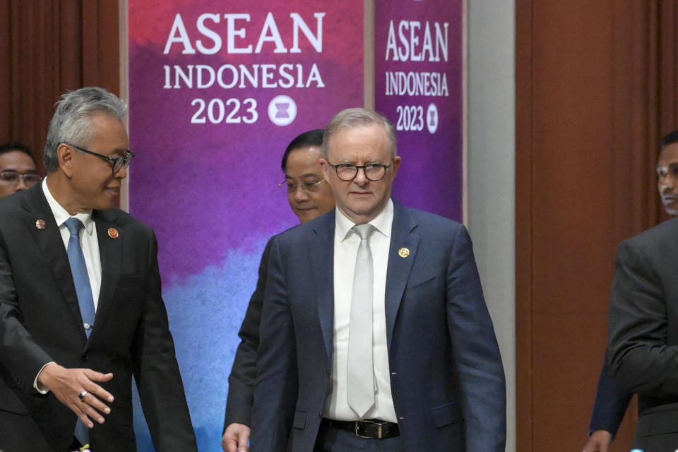 FILE - Australian Prime Minister Anthony Albanese, center, arrives to attend the Association of the Southeast Asian Nations (ASEAN)-Australia Summit in Jakarta, Indonesia, Thursday, Sept. 7, 2023. An increasingly assertive China and a humanitarian crisis in Myanmar are likely to be high on the agenda when Southeast Asian leaders meet in Australia for a rare summit this week. (Bay Ismoyo/Pool Photo via AP, File)