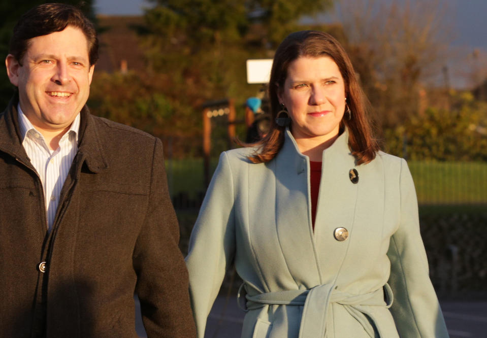 BEARSDEN, UNITED KINGDOM - DECEMBER 12: Liberal Democrat Leader Jo Swinson and her husband Duncan Hames arrive to vote at Castlehill Primary School on December 12, 2019 in Bearsden, near Glasgow, Scotland. The current Conservative Prime Minister Boris Johnson called the first UK winter election for nearly a century in an attempt to gain a working majority to break the parliamentary deadlock over Brexit. The election results from across the country are being counted overnight and an overall result is expected in the early hours of Friday morning.  (Photo by David Cheskin/Getty Images)