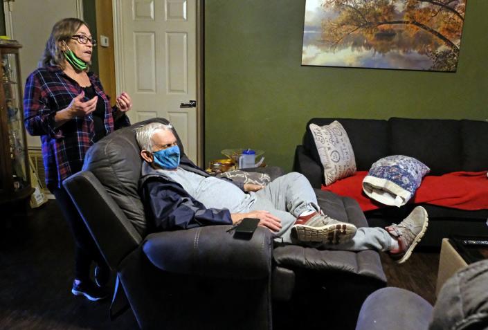 Cline Meredith finally had a comfortable place to sit thanks to a furniture donation from Austin&#39;s Couch Potatoes. The grandfather died of cancer in October. His wife, Velma, left, says the family &quot;is hanging in there.&quot;