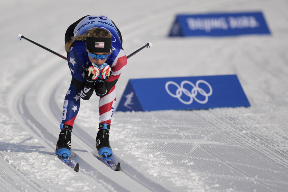 FILE - United States' Jessie Diggins competes during the women's 10km classic cross-country skiing competition at the 2022 Winter Olympics on Feb. 10, 2022, in Zhangjiakou, China. U.S. Ski & Snowboard announced Wednesday, Feb. 15, 2023, that Diggins’ home state of Minnesota will host a World Cup cross country ski event next February — a rare home-course advantage for the Americans. The races will be held at a scenic park in the middle of Minneapolis. (AP Photo/Aaron Favila, File)