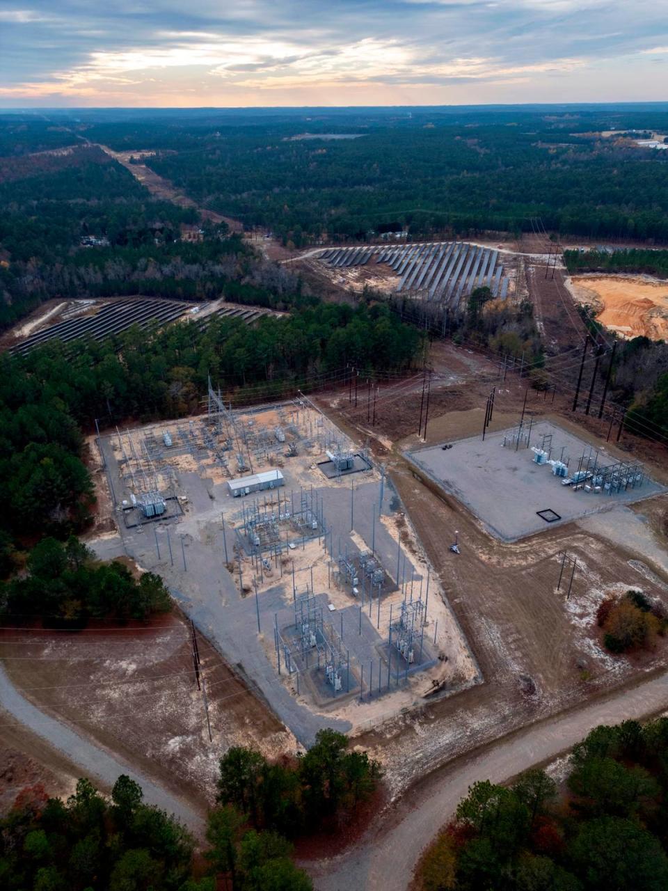 An aerial view of Duke Energy’s West End substation in Moore County. The substation is one of two stations that were attacked in December 2022 leaving 45,000 customers without power and exposing a major vulnerability in the nation’s power grid.