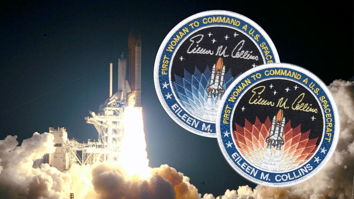  Two circular space mission patches superimposed over a photo of the space shuttle launching at night. 