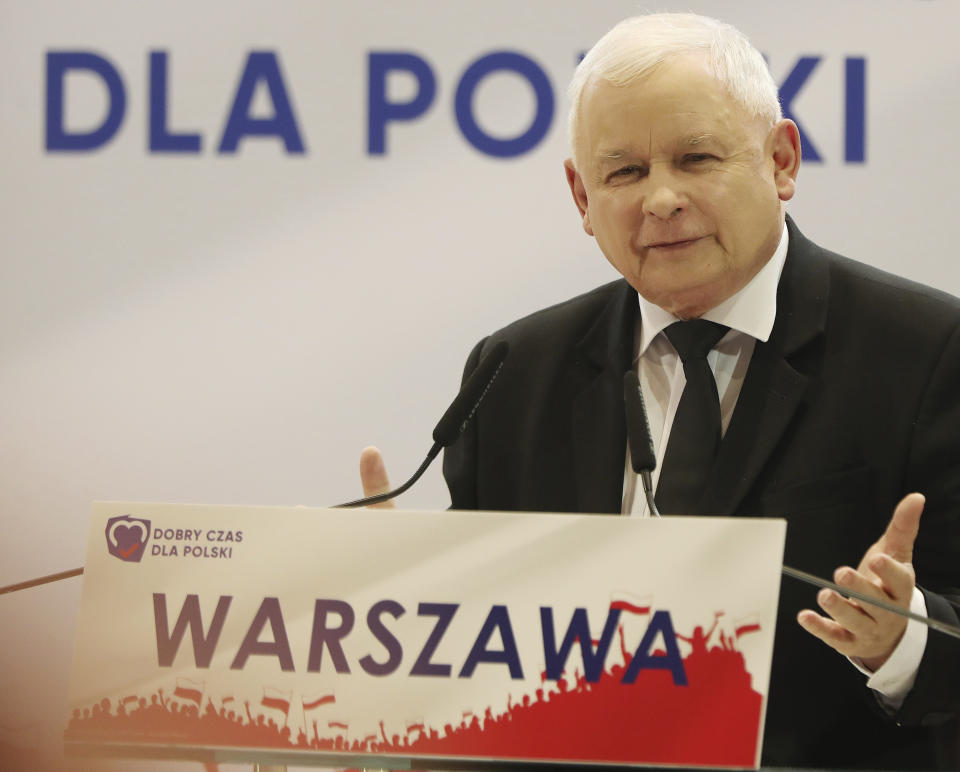 In this photo taken Tuesday Oct. 8, 2019 Poland's ruling right-wing party leader Jaroslaw Kaczynski speaks at a convention in Warsaw, Poland. ahead of Sunday parliamentary election in which his Law and Justice party is hoping to win a second term in power. (AP Photo/Czarek Sokolowski)