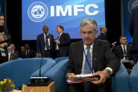 Federal Reserve Board Chair Jerome Powell during the International Monetary and Financial Committee meeting, at the World Bank/IMF Spring Meetings in Washington, Saturday, April 13, 2019. (AP Photo/Jose Luis Magana)