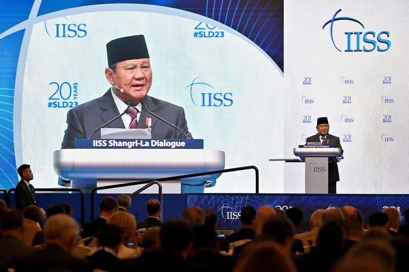 FILE PHOTO: Indonesia's Defence Minister Prabowo Subianto speaks in Singapore