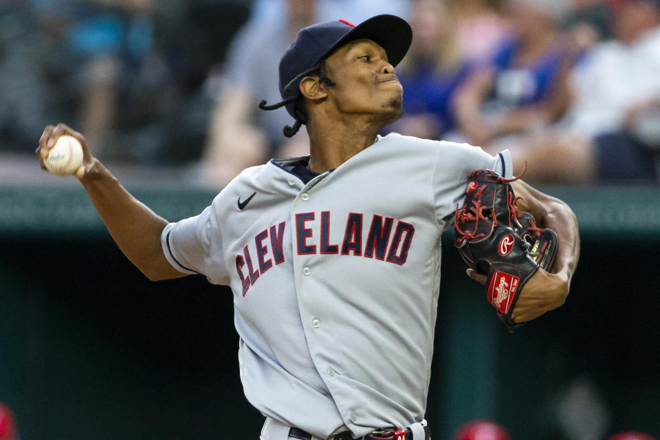 Cleveland Indians' starting pitcher Triston McKenzie throws during the first inning of a baseball game against the Texas Rangers, Saturday, Oct. 2, 2021, in Arlington, Texas. (AP Photo/Sam Hodde)