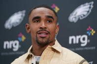 Philadelphia Eagles quarterback Jalen Hurts (1) answering questions during a news conference at the end an NFL football game against the Washington Commanders, Sunday, Sept. 25, 2022, in Landover, Md. Eagles won 24-8. (AP Photo/Susan Walsh)